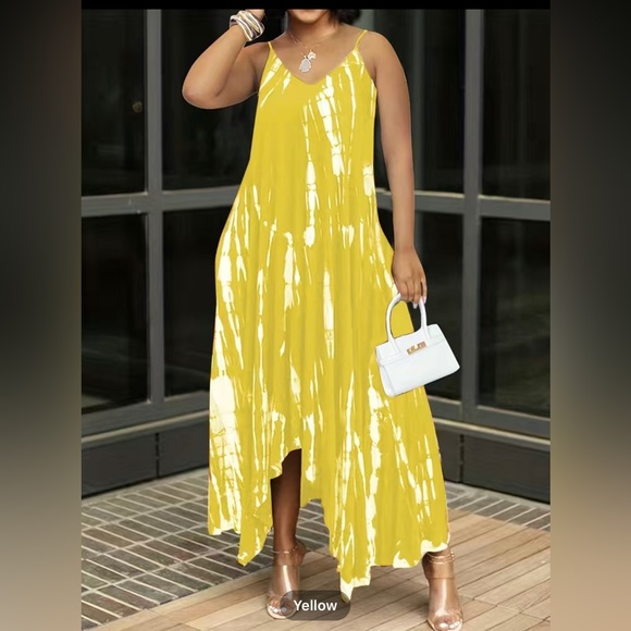 LAST ONE Passion Sunflower Loose Graffiti Tie -Dye V Neck Side Pocket Maxi Dress - Picture 1 of 10